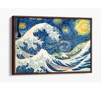 Great Wave Starry Night Van Gogh Hokusai Canvas Floater Frame Print Picture Art - Walnut Frame 18 inch wide x 12 inch high