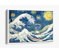 Great Wave Starry Night Van Gogh Hokusai Canvas Floater Frame Print Picture Art - White Frame 30 inch wide x 20 inch high