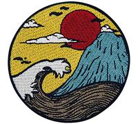 Great Wave Under Red Sun Patch Embroidered Applique Badge Iron On Sew On Emblem