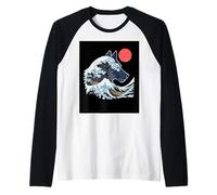 Great Wave Wolf Surfing Sunset Ocean Night Wildlife Raglan Baseball Tee