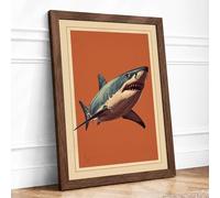 Great White Profile Coastal Framed Wall Art Print A3 (42×29.7cm) Walnut, Wall Decor for Living Room, Bedroom, Office & Home, Ready to Hang, Art Gift