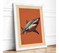 Great White Profile Coastal Framed Wall Art Print A3 (42×29.7cm) White, Wall Decor for Living Room, Bedroom, Office & Home, Ready to Hang, Art Gift