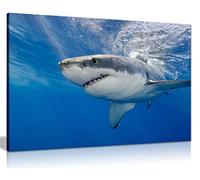 Great White Shark Canvas Wall Art, Blue Underwater, Framed Ready to Hang | Vivid Colour Ocean Shark Picture Print 24x16in, for Living Room Bedroom Bathroom Decor, Gallery Wrapped by Panther Print