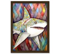Great White Shark Folk Art Watercolour Painting Artwork Framed Wall Art Print A4 Artery8 Brown One Size