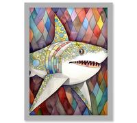 Great White Shark Folk Art Watercolour Painting Artwork Framed Wall Art Print A4 Artery8 Light Grey One Size
