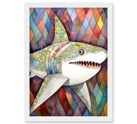 Great White Shark Folk Art Watercolour Painting Artwork Framed Wall Art Print A4 Artery8 White One Size