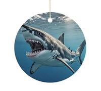 Great White Shark Opens Mouth Ceramic Ornaments with Hanger Round Porcelain Ornaments Personalized Xmas Tree Keepsake Crafts Gift for Christmas and Thanksgiving Decoration