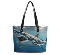 Great White Shark Opens Mouth Tote Bag Large Soft Leather Purse with Zipper Lightweight Ladies Shoulder Handbag