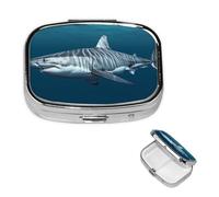 Great White Shark Square Metal Pill Box 2 Compartment Cute Travel Pill Organizer Case Portable Medicine Vitamin Organizer Pill Case for Women Men Travel Unique Gift
