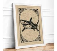 Great White Shark Study Vintage Framed Wall Art Print A3 (42×29.7cm) White, Wall Decor for Living Room, Bedroom, Office & Home, Ready to Hang, Art Gift