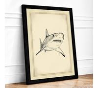 Great White Study Vintage Framed Wall Art Print A1 (84.1×59.4cm) Black, Wall Decor for Living Room, Bedroom, Office & Home, Ready to Hang, Art Gift