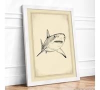 Great White Study Vintage Framed Wall Art Print A4 (29.7×21cm) White, Wall Decor for Living Room, Bedroom, Office & Home, Ready to Hang, Art Gift