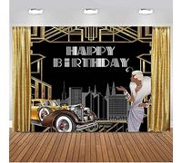Great Woman Happy Birthday Photo Background Gatsby Themed Birthday Cake Table Backdrop Gold Curtain Retro Car Buildings Shoot (7x5FT/2.1x1.5m)