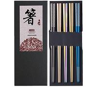 Greatamzor Metal Chopsticks Reusable Multicolor Stainless Steel Dishwasher Safe Chop Sticks Laser Engraved Copper Coin Pattern Square Non-slip Korean Chopstick 9 1/4 Inches 5 Pairs Gift Set