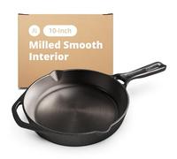 Greater Goods 10-Inch Cast Iron Skillet Frying Pan - Milled Smooth Cast Iron Cooking Surface, Organically Pre-Seasoned with Flaxseed Oil, Long Handle & Dual Pour Spouts for Better Control
