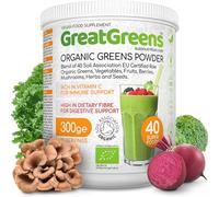 GreatGreens - Organic Greens Powder - Large 300g Blend 40 Raw Superfoods - Greens, Vegetables, Super Fruits, Berries, Sprouts and Mushrooms - High Fibre Vegan Daily Juice Smoothie Drink - 30 Servings