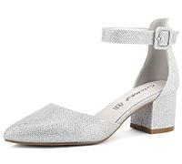 Greatonu Women Wedding Work Party Bridal Closed Pointed Toe Mid Block Heels Ankle Strap Buckle Silver Glitter Mary Jane Court Shoes Size 6 UK