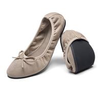 Greatonu Women's Ballet Pumps Comfort Foldable Portable Travel Slip on Slipper Bow Tie Flats Shoes Beige 4 UK