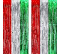 GREATRIL Red Silver Green Party Tinsel Curtain Christmas Streamer Backdrop for Xmas Winter Italian Elf Themed Parties Decorations - 2 Packs