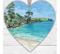Grebe Beach Coastal Heart Wall Art, Handmade Wooden Double-Sided Hanging Decoration, 12 cm Home Décor Gift