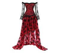Grebrafan Gothic Off Shoulder Lace Sleeves Corset Bustier with Prom Skirt (UK(8-10) M, Wine Red Skirt)
