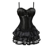 Grebrafan Gothic Padded Cup Boned Corsets with Multi Layer Skirt | Lightly padded bra corset 2 piece set, everyday and special occasionscostume woman