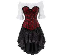 Grebrafan Ladies Corsets Basques Cosplay Costume Corset Skirt Pirate Blouse Set (UK(20-22) 5XL, Red)