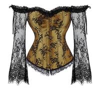 Grebrafan Overbust Corset with Shoulder Sleeve Gothic Lace up Bustier Top (XX-Small, Gold)