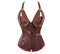 Grebrafan Plus Size Faux Leather Chain Steampunk Corset for Women M Brown