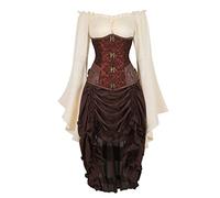 Grebrafan Rockabilly Corset Pirate Skirt with Blouse Steampunk 3 Piece Underbust Corsets Costume (UK(12-14) XL, Brown)