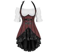 Grebrafan Steampunk Corset with Pirate Skirt and Gothic Blouse | Strong Boned corset 3 piece set, everyday and special occasionscostume woman