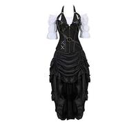 Grebrafan Steampunk Corsets Bustiers Pirate Skirt Blouse Set 3 Piece Leather Corset Outfits for Women (UK(14-16) 2XL, Black)