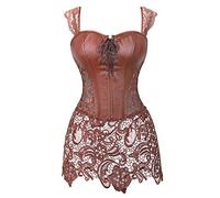 Grebrafan Steampunk Faux Leather Corset with Lace Dress Zipper Back Bustier (UK(18-20) 4XL, Brown)