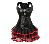 Grebrafan Steampunk Faux Leather Corsets with Multi Layer Skirt | Woman's exotic bustiers corset 2 piece set, holiday rockabilly club or graduation partycostume woman