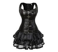 Grebrafan Steampunk Faux Leather Corsets with Multi Layer Skirt | Woman's exotic bustiers corset 2 piece set, holiday rockabilly club or graduation partycostume woman
