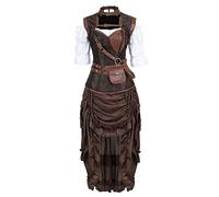 Grebrafan Vintage Retro Corsets Bustiers Pirate Skirt Blouse Set 3 Piece Leather Corset Outfits for Women (UK(12-14) XL, Brown)