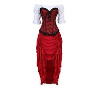 Grebrafan Women Lace Strapless Corset with Pirate Skirt and Blouse | Classic style corset 3 piece set, medieval renaissance fancy dresscostume woman
