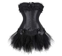 Grebrafan Women Lace Trim Corset Bustier with Mini Tutu Skirt | Classic elegant corset 2 piece set, a masquerade ball or homecomingcostume woman