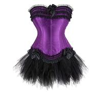 Grebrafan Women Lace Trim Corset Bustier with Mini Tutu Skirt | Classic elegant corset 2 piece set, a masquerade ball or homecomingcostume woman
