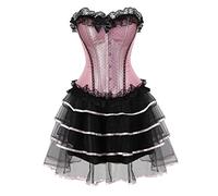Grebrafan Women Overbust Lace Overlay Corsets with Mid Tulle Skirt | Daily wear corset top corset 2 piece set, retro court prom or princess fancy dresscostume woman