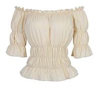 Grebrafan Womens Peasant Blouse Off Shoulder Ruffle Shirts Boho Smocked Top (UK(8-10) M, Beige)