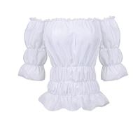 Grebrafan Womens Peasant Blouse Off Shoulder Ruffle Shirts Boho Smocked Top (UK(8-10) M, White)