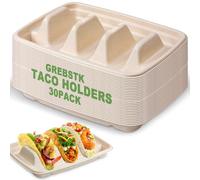 GREBSTK 30 Pack Disposable Taco Holders, Compostable Bagasse Pulp Taco Plates with 3 Dividers for Taco Tuesday Party, Lazy Susan Bar Serving Set for Tacos, Hot Dogs, Sandwiches