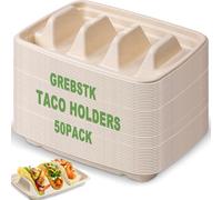 GREBSTK 50 Pack Disposable Taco Holders, Compostable Bagasse Pulp Taco Plates with 3 Dividers for Taco Tuesday Party, Lazy Susan Bar Serving Set for Tacos, Hot Dogs, Sandwiches