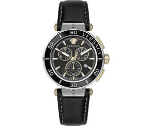 Greca Chronograph Leather Strap Watch - male - Versace - Watches - Black - ONE SIZE - Accessories ONE SIZE