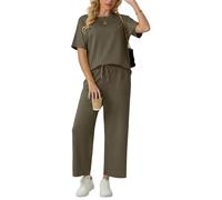 GRECERELLE Airport Two Piece Outfits Lounge for Women Tracksuit Womens Full Set Summer Short Sleeve Casual Crew Neck Cap Sleeve Tops and Jogging Bottoms with Pockets (Army Green, XXL)