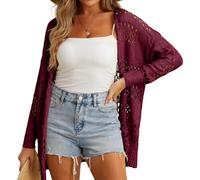 GRECERELLE Crochet Cardigan for Women Summer Beach Cover Up Lightweight Hollowed Out Open Front Long Cardigans Ladies Sun Protection Beachwear (Wine Red, XXL)