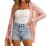 GRECERELLE Crochet Cardigan for Women Summer Beach Cover Up Lightweight Hollowed Out Open Front Long Cardigans Ladies Sun Protection Beachwear (Coral Pink, M)