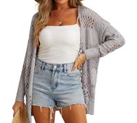 GRECERELLE Crochet Cardigan for Women Summer Beach Cover Up Lightweight Hollowed Out Open Front Long Cardigans Ladies Sun Protection Beachwear (Light Gray, XXL)