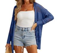 GRECERELLE Crochet Cardigan for Women Summer Beach Cover Up Lightweight Hollowed Out Open Front Long Cardigans Ladies Sun Protection Beachwear (Blue Gray, XL)
